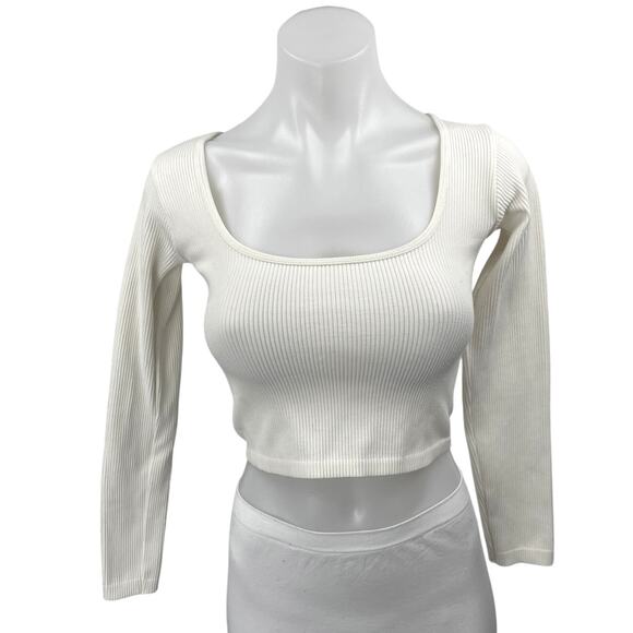 Zara Women's White Long Sleeve Ribbed Knit Square Neck Sweater Crop Top Size M-L - Picture 1 of 3